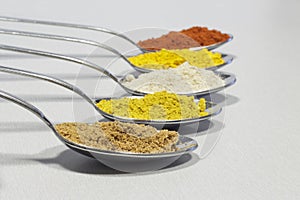 Row of spoons with different kinds of spices