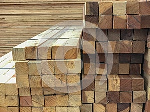 Row stack of wood in warehouse