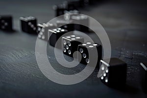 Row of standing dominoes on dark surface