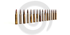 Row of standing M16 cartridges isolated photo