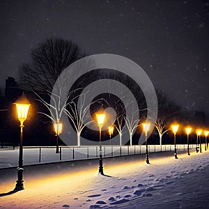 A Row of Street Lamps in a Park at Night in the Snow