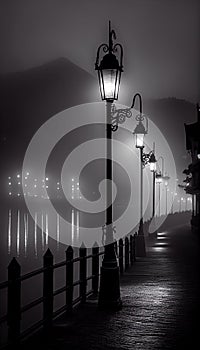 Row of Street Lamps at a Promenade Next to a River an Eerie Seamonster Rising From The Water AI Generative