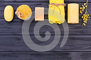 Row of stuff for spa treatment and copy space.