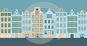Row of stylized European buildings in pastel colors. Urban landscape with townhouses. City architecture vector