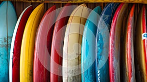 Row of Surfboards Leaning Against Wall