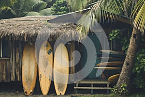 A row of surfboards neatly arranged in front of a traditional hut by the beach, Classic wooden surfboards leaning against a