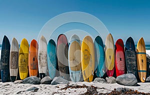 Row of Surfboards on Sandy Beach