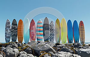 Row of Surfboards on Sandy Beach