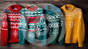 Row of sweaters hanging on wooden wall. Suitable for fashion websites, clothing stores, or winter