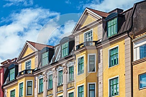 Row of Swedish colorful apartment buildings in Karlskrona