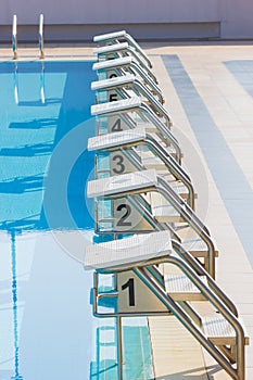 A Row Of Swimming Pool Starting Blocks At The pool Edge. Vertical