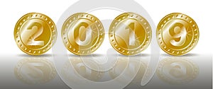 A row of symbolic sparkling gold coins with the numbers of the new year 2019 with shadaow and mirror reflection. Realistic vector