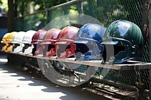 a row of t-ball helmets on a bench photo