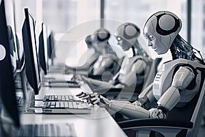 Row of tables in an open-plan office with computers at which robots and cyborgs work, made with generative ai