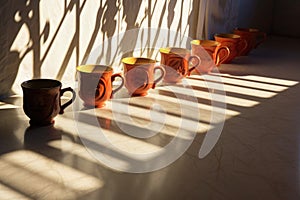 row of teacups casting shadows on a sunlit surface