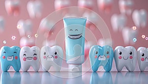 a row of teeth with faces drawn on them and a tube of toothpaste