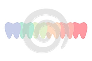 A row of teeth of multi colors or rainbow - dental cartoon vector flat style