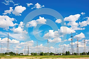 row of telecommunication towers with blue sky backdrop