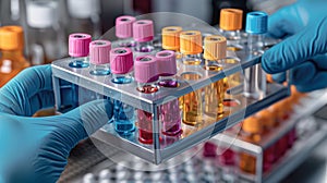 Row Of Test Tubes Filled With Colored Liquids