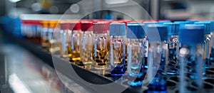 Row of Test Tubes Filled With Different Colored Liquids