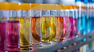 A row of test tubes filled with different colored liquids, AI