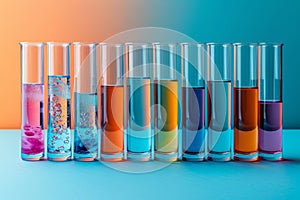 Row of Test Tubes Filled With Different Colored Liquids. Generative AI