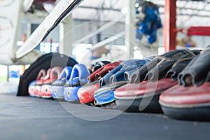 Row of thai Boxing Mitt Training Target Focus Punch Pad Glove on