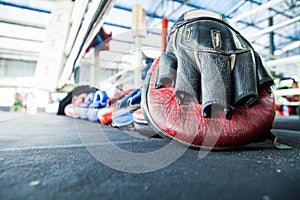 Row of thai Boxing Mitt Training Target Focus Punch Pad Glove on