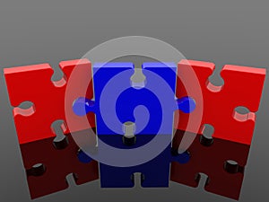 Row of three puzzle pieces in blue and red color