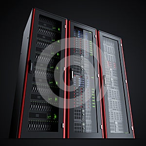 Row of three working server racks isolated on black background