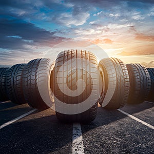 Row of tires with largest in front, automotive industry photo