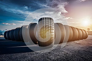 Row of tires with largest in front, automotive industry photo photo