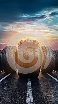 Row of tires with largest in front, automotive industry photo photo