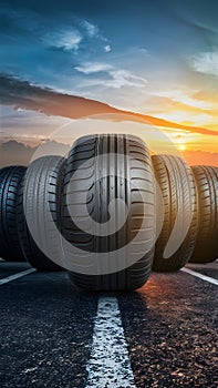 Row of tires with largest in front, automotive industry photo photo