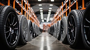 A row of tires neatly stacked in a well-lit, modern warehouse