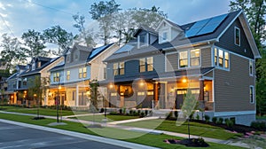 A row of townhouses equipped with BIPV roofing and siding contributing to a cleaner more sustainable community. . AI