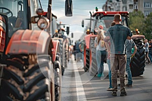 A row of tractors blocking the road due to protests