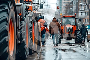A row of tractors blocking the road due to protests