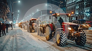 Row of Tractors Driving Down Snow-Covered Street