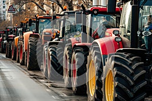 A Row of Tractors Lined Up on the Side of the Road