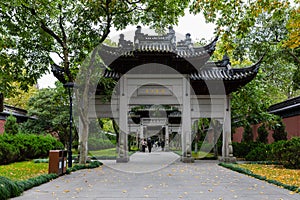Row of traditional archways near reconstructed King Qian Temple by West Lake