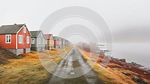 Row of traditional colorful houses near the sea in a Nordic country. Empty dirt road leading into the distance. Generative AI