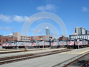 Row of Trains parked at San Francisco Station Caltrain station