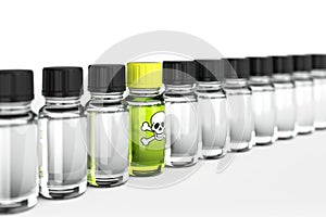 Row of transparent dropper bottles with one green exeption