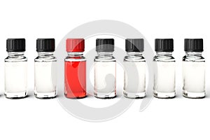 Row of transparent dropper bottles with one red exeption