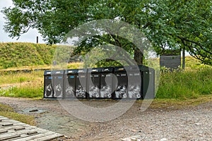 Row of trashcans at Suomenlinna Fortress, Helsinki, Finland