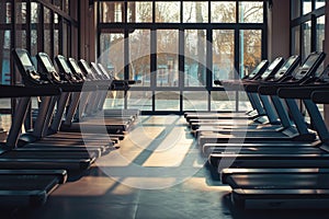 Row of Treadmills in a Gym: Fitness Equipment for Cardio Workouts, A row of empty treadmills facing a gym window, AI Generated