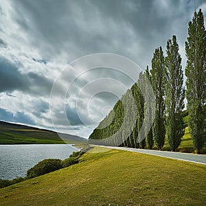 Row of Trees Along a Country Road with a Lake in the Background