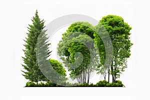 Row of trees and shrubs on white background