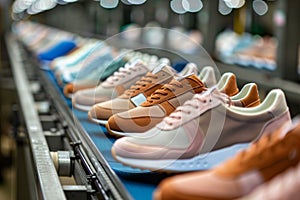 row of unfinished sneakers on a factory conveyor belt